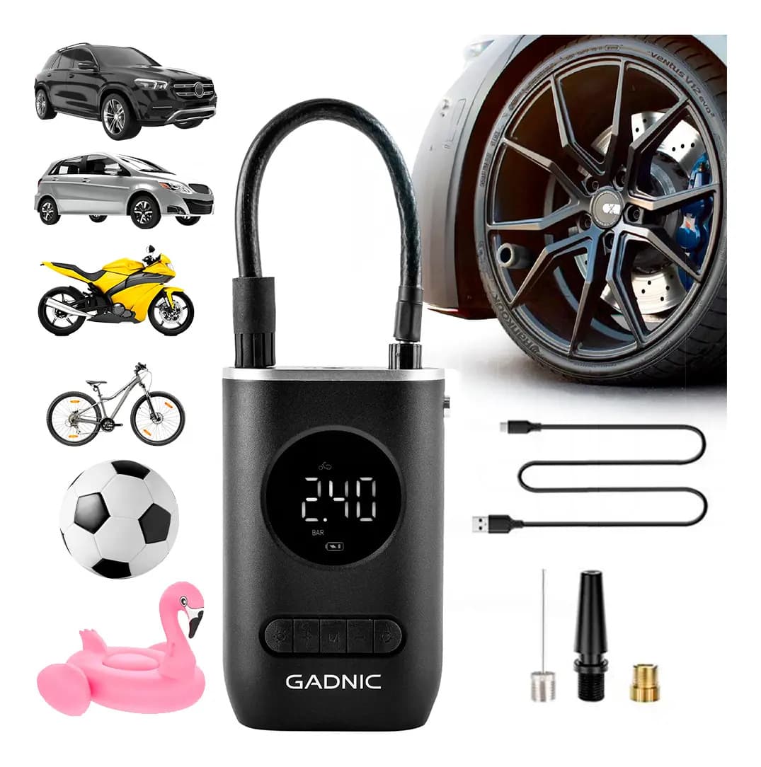 Compresor de Aire Portátil Gadnic In305 150 PSI Inalámbrico Recargable Pantalla Digital + Boquillas Incluidas